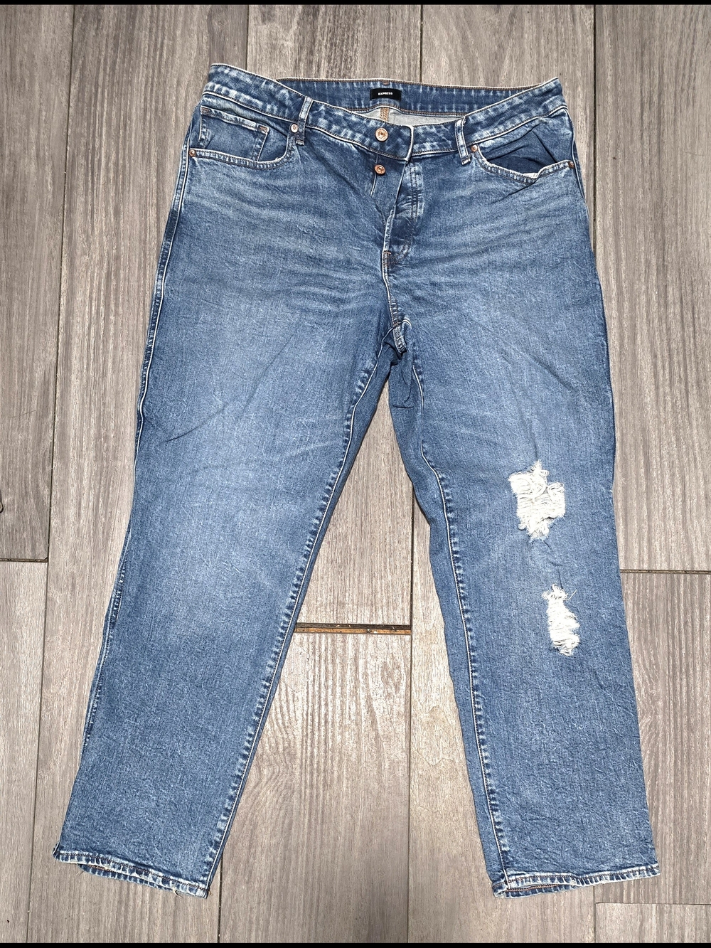 Express Blue Boyfriend Jeans(TALL) with Distressed Knee